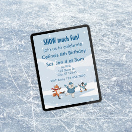 Snow Much Fun, ice skating animals winter birthday Inbjudningar