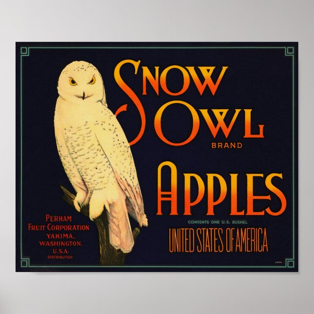 Snow Owl Märke Äpplen Yakima Washington Poster (Framsidan)