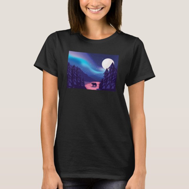 Snow Scene Polar Bear Silhouette w Moon and Aurora T Shirt (Framsida)