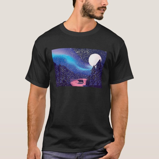 Snow Scene Polar Bear Silhouette w Moon and Northe T Shirt (Framsida)