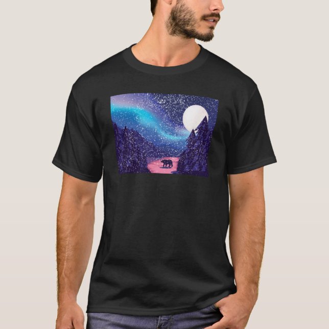 Snow Scene Polar Bear Silhouette w Moon and Northe T Shirt (Framsida)