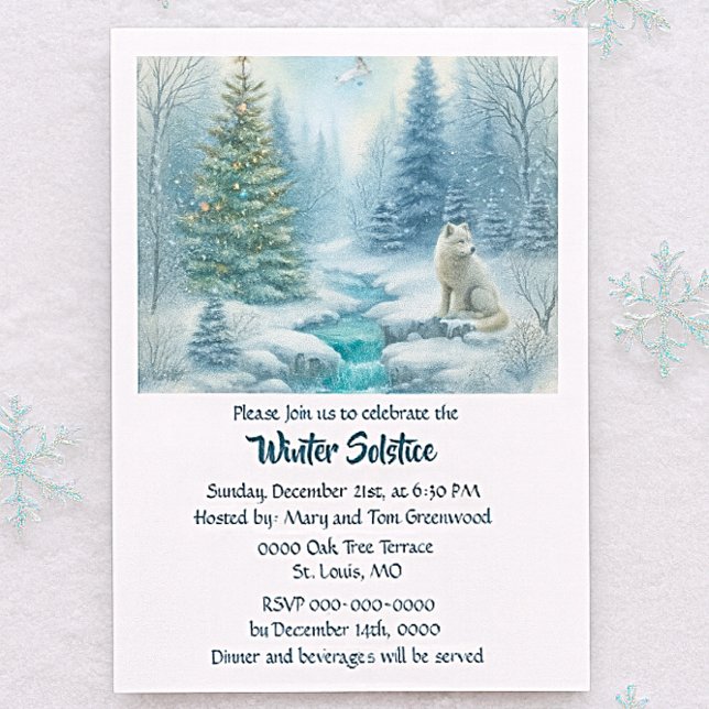Snow Scene with Fox Winter Solstice Dinner  Inbjudningar (Winter Solstice invitation with forest wolf, lantern glow, celestial accents and seasonal gatherings)