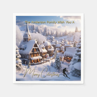 Snow ski chalets editable holiday greeting pappersservett
