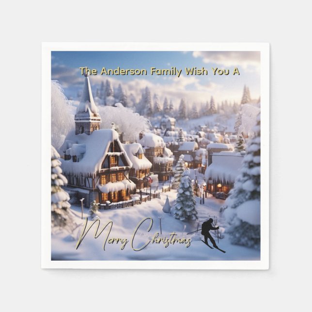 Snow ski chalets editable holiday greeting pappersservett (Framsidan)
