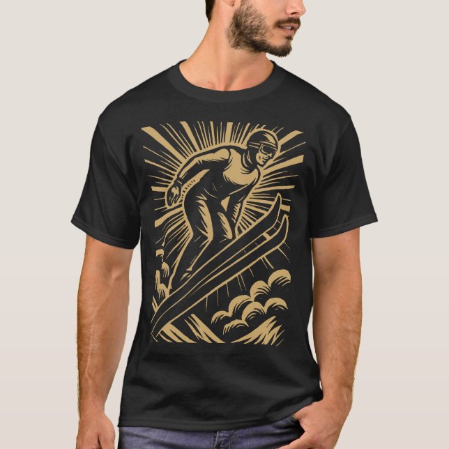 Snow Skier Retro Art Deco T Shirt (Framsida)