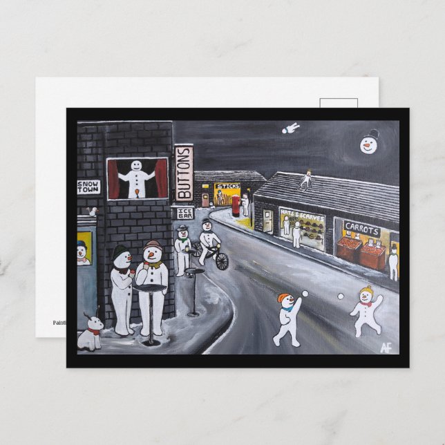 Snow Town Painting by Alfred Fox Vykort (Fram/baksida)