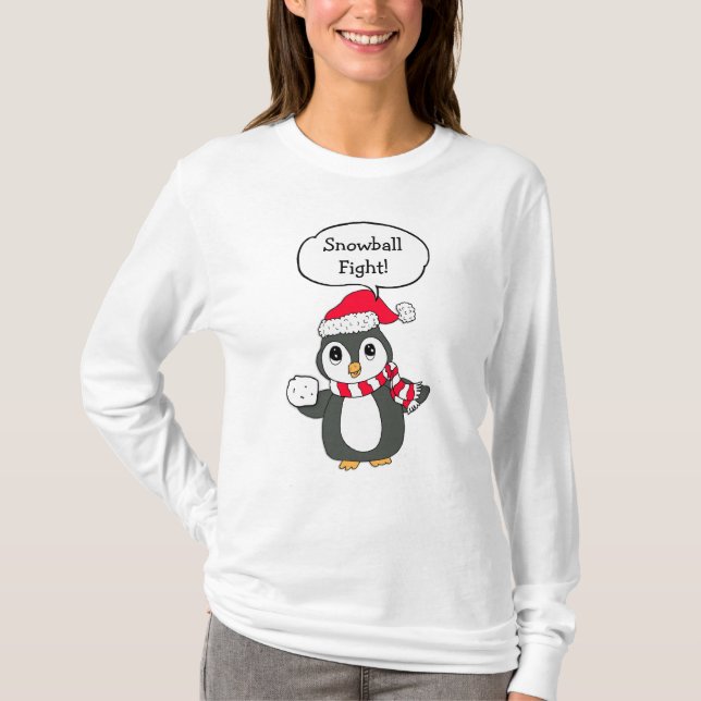 Snowball Fight, Cute Jul Penguin Helgdag T Shirt (Framsida)
