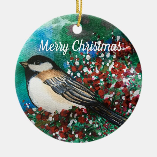 Snowbär Chickadee God jul Sweet Bird Julgransprydnad Keramik (Framsidan)