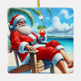 Snowbird Santa Enjoeing a Cocktail on Beach Julgransprydnad Keramik