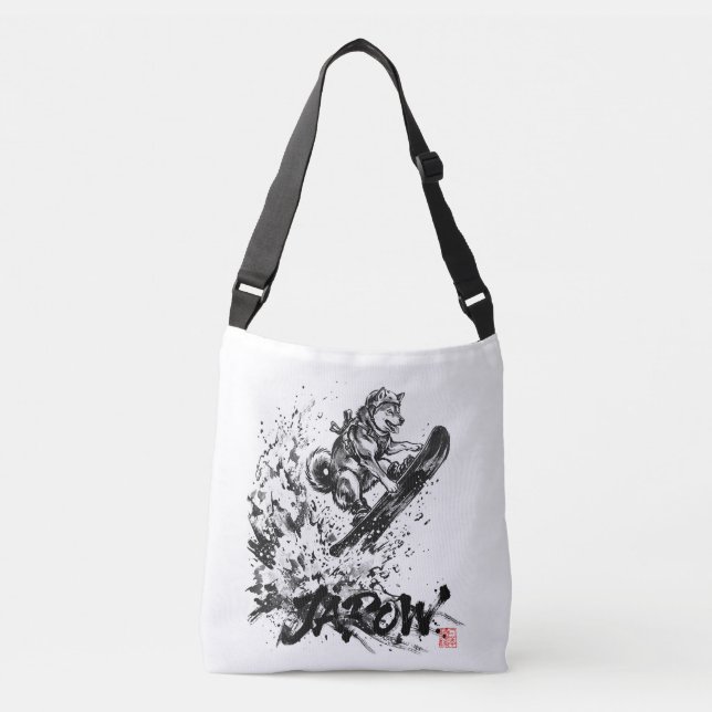 Snowboard Brush Art - Snowboarder Dog Huskey Axelväska (Framsida)