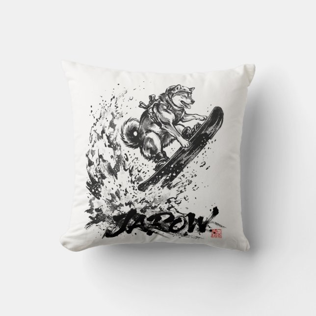 Snowboard Brush Art - Snowboarder Dog Huskey Kudde (Framsida)