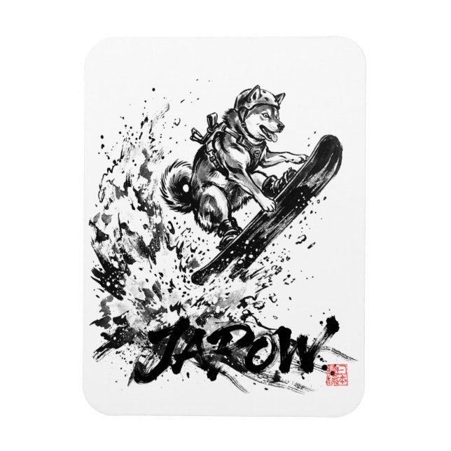 Snowboard Brush Art - Snowboarder Dog Huskey Magnet (Vertikal)