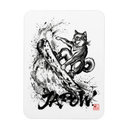 Snowboard Brush Art - Snowboarder Dog Shiba Inu Magnet