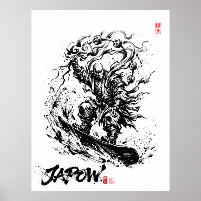 Snowboard Brush Art - Snowboarder Raijin God Poster (Framsidan)
