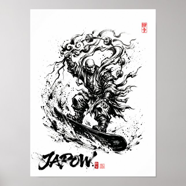 Snowboard Brush Art - Snowboarder Raijin God Poster (Framsidan)