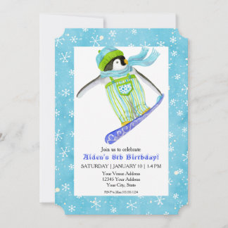 Snowboard Penguin Födelsedagsfest Snowboarding Snö Inbjudningar