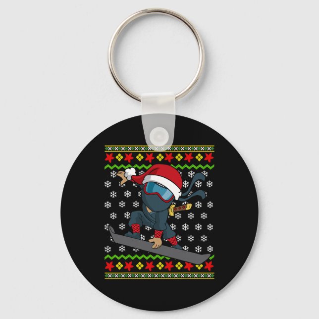 Snowboard Ugly jul Sweater Mönster Ninja Sno Nyckelring (Framsida)
