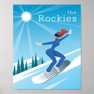 Snowboard Young Woman Sol Träd Blue Backe Poster