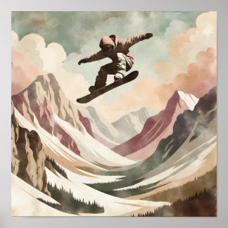 Snowboarder Enjoeing the Snowy Mountains Poster