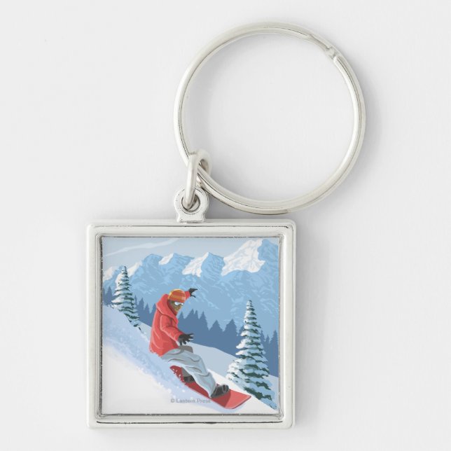 Snowboarder Scene - Washington Fyrkantig Silverfärgad Nyckelring (Framsidan)