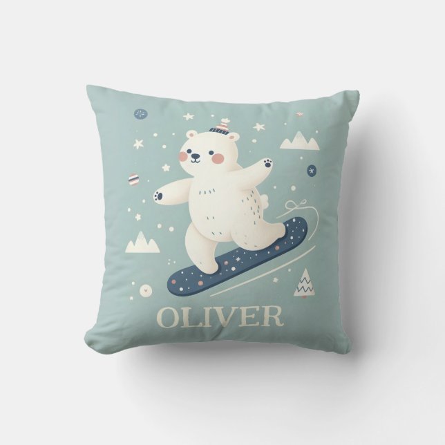 Snowboarding Cute Polar Bear Kudde (Framsida)