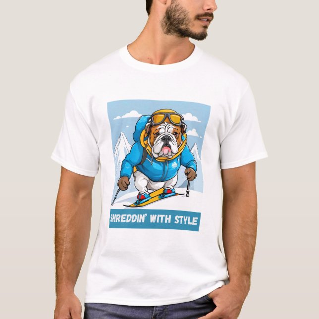 Snowboarding English Bulldog Shreddin" med Stil T Shirt (Framsida)