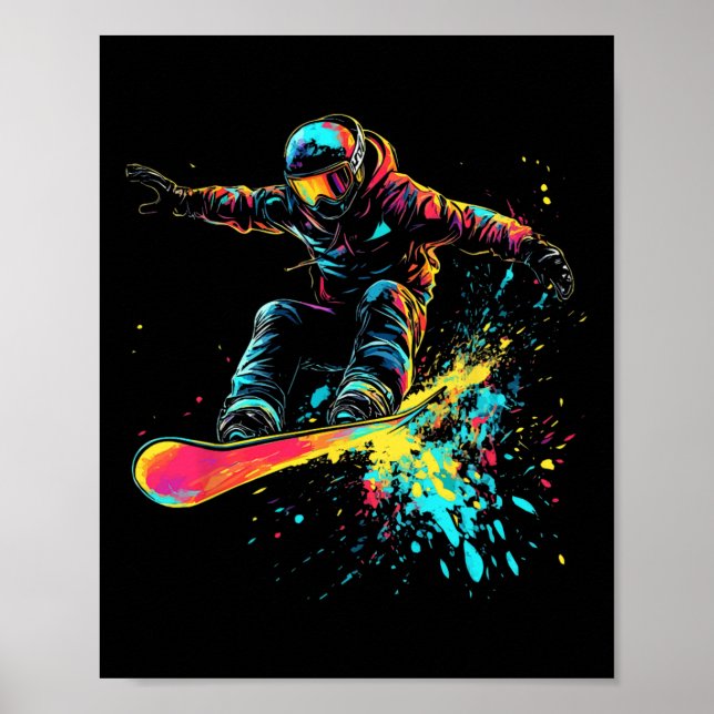 Snowboarding Färg Paint Stänk Snowboarder Downhi Poster (Framsidan)
