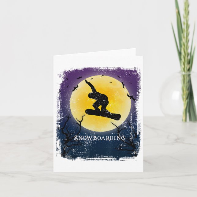 Snowboarding Full Moon Silhouette Retro Halloween Kort (Framsida)