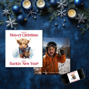 Snowboarding Highland Cow jul Photo Julkort