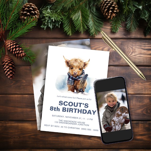 Snowboarding Highland Cow Photo-inbjudan Inbjudningar (Skapare uppladdad)