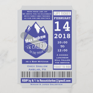 SNOWBOARDING HISS BILJETT Pub Mitzvah bjudan Inbjudningar