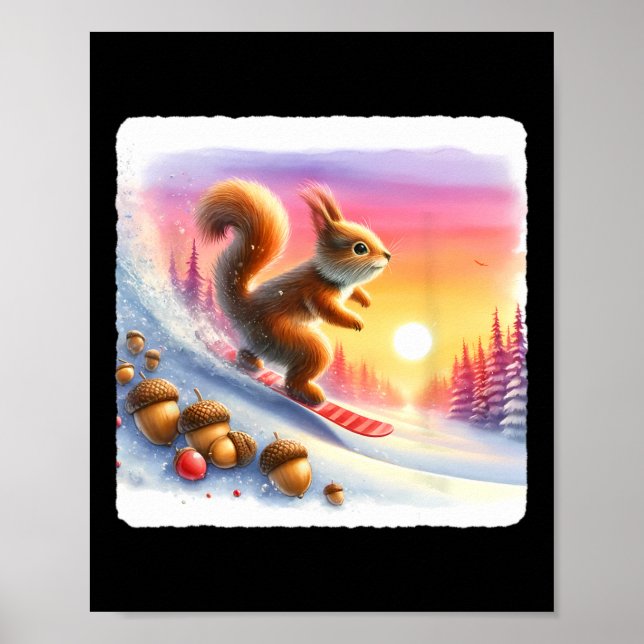 Snowboarding Squirrel på Frosty Slope på solnedgån Poster (Framsidan)