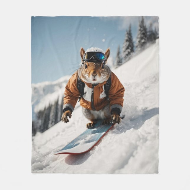 Snowboarding Squirrel Wintertime Whimsical Animal Fleecefilt (Framsidan)