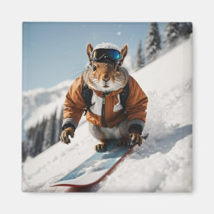 Snowboarding Squirrel Wintertime Whimsical Animal Magnet