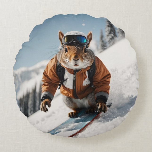 Snowboarding Squirrel Wintertime Whimsical Animal Rund Kudde (Framsidan)