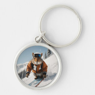 Snowboarding Squirrel Wintertime Whimsical Animal Rund Silverfärgad Nyckelring