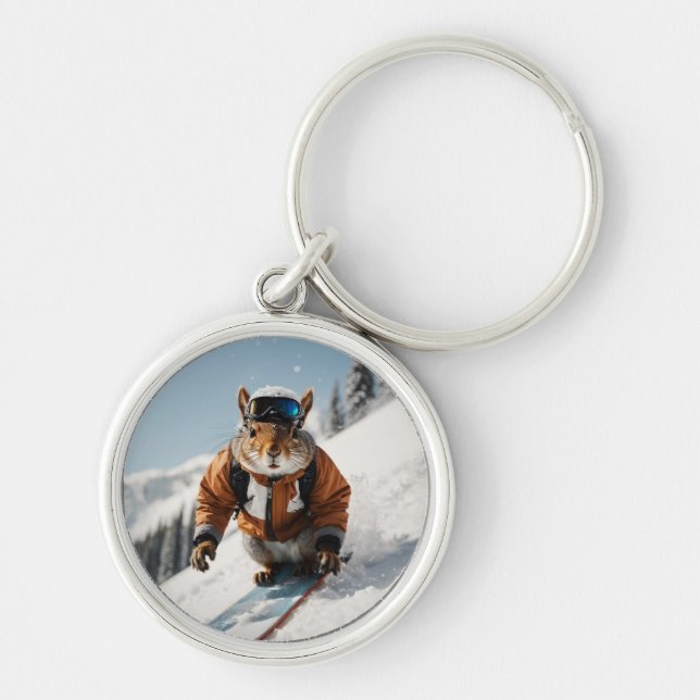 Snowboarding Squirrel Wintertime Whimsical Animal Rund Silverfärgad Nyckelring (Framsidan)