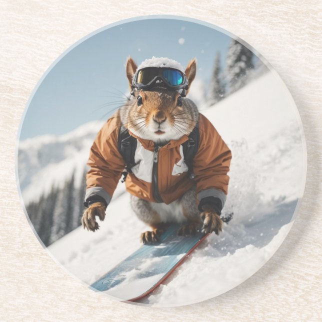 Snowboarding Squirrel Wintertime Whimsical Animal Underlägg (Framsidan)