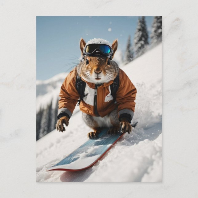Snowboarding Squirrel Wintertime Whimsical Animal Vykort (Framsida)