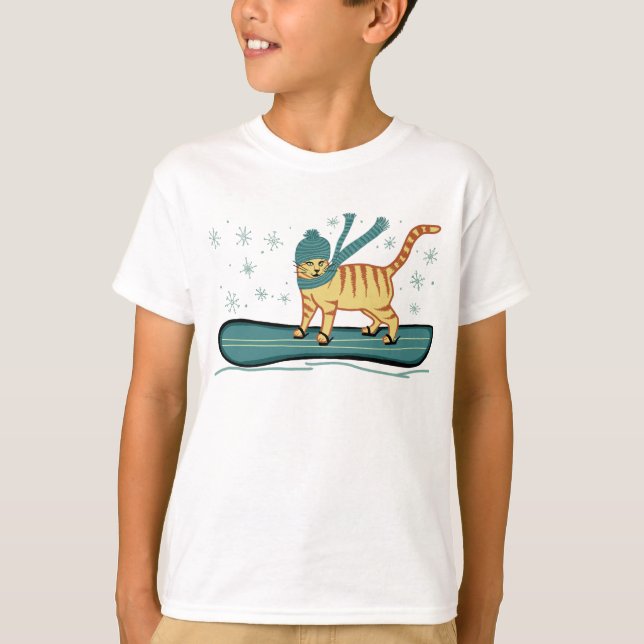 Snowboarding Tabby katt Cute T Shirt (Framsida)