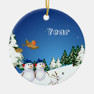 Snowcouple & hund julgransprydnad keramik