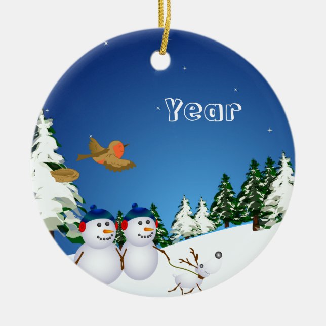 Snowcouple & hund julgransprydnad keramik (Framsidan)