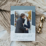 Snowdrift | Colorblock Lodrät Photo Hanukkah Julkort<br><div class="desc">Ett modernt kort och ett kort för elegant i mjukt färg med lodrät- eller porträtt-orienterat foto på en bakgrund med färgblockssnödrift i nyanser av blått och grått. "Joyous Hanukkah" visas under ett vackert handskript,  med din familj namn under.</div>