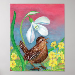Snowdroppe & wren bird summon vår-plantskolan poster