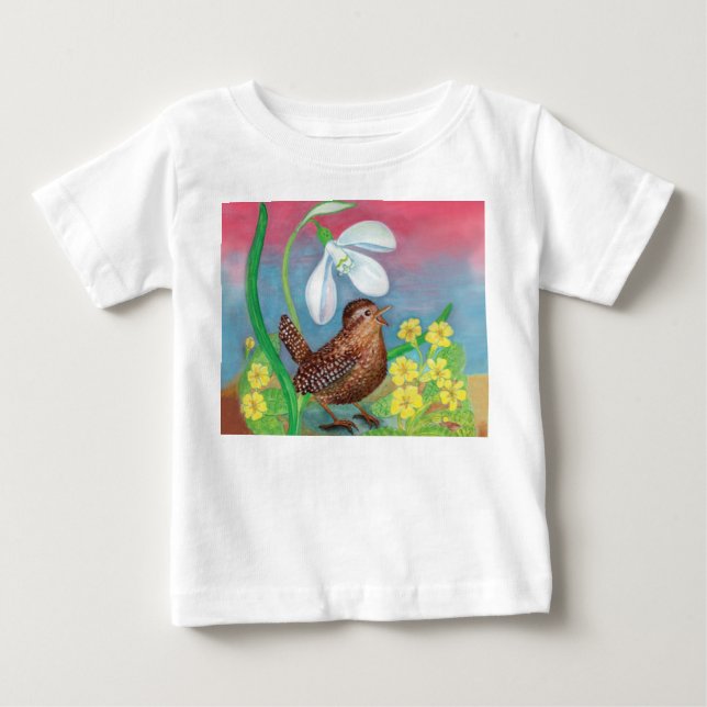 Snowdroppe & wren bird summon vår t shirt (Framsida)