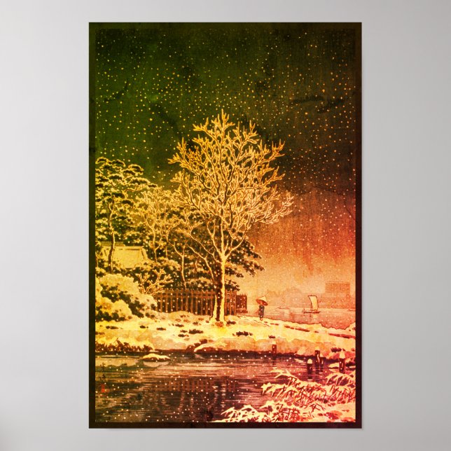 Snowfall i Feudal Japan vid Sumida River Ukiyo Poster (Framsidan)