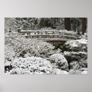 Snowfall i Portland Japanska Garden. Poster