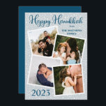 Snowfall Lycklig Hanukkah 4 Photo - Blue | GRÅTT Julkort<br><div class="desc">Rustiskt snöfall på en blå grått-bakgrund (blek teal) "Lycklig Hanukkah!" med fyra ramade bilder och helgdag med en solid havsblå bakgrund på ryggen. Lägg bara till din familj namn och året tillsammans med dina foton för att slutföra designen. Sammansatt design efter Helgdag Hearts Design (reserverade höger) med platshållarfoton från olika...</div>