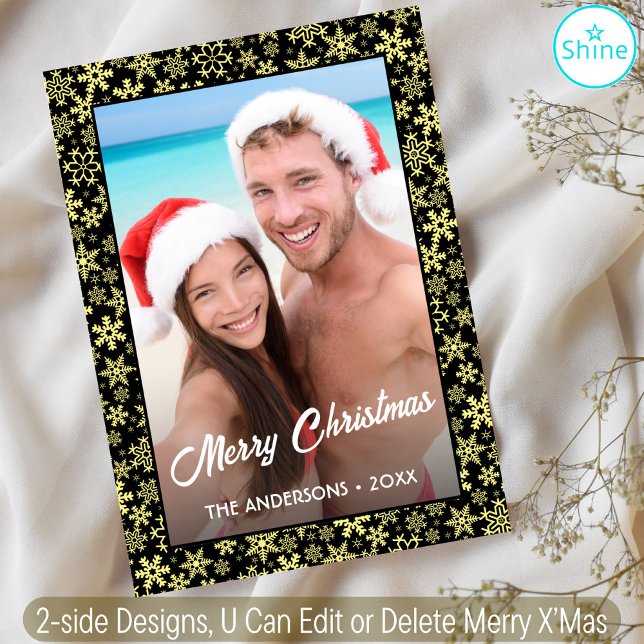 Snowflake Anpassningsbar Photo Black & Guld 2 Side Julkort (Skapare uppladdad)