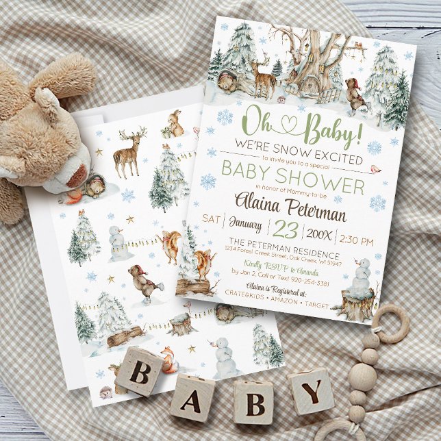 Snowflake Baby Shower Inbjudningar (Cute Winter Woodland Friends Forest Animals Oh Baby We're Snow Excited Snowflake baby shower invite)